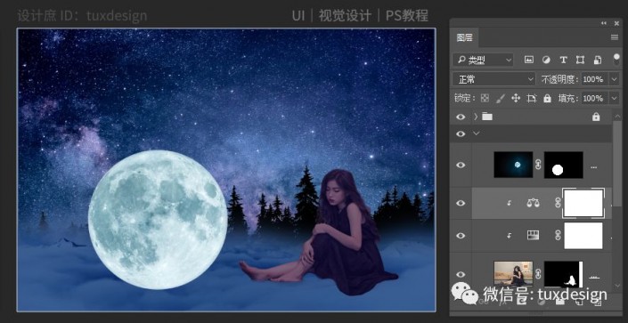场景合成，合成一幅女孩在月亮下沉思的唯美画面