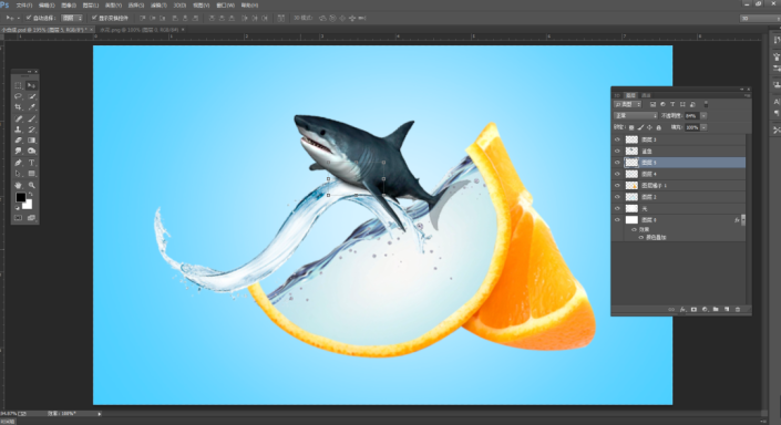 创意合成，制作鲨鱼在橙子“海洋”里游泳的创意画面