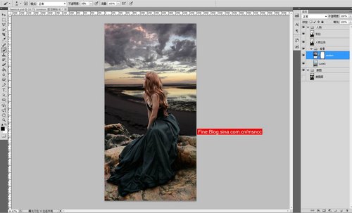 photoshop合成制作出坐在海边岩石上眺望远方沉思的美女图片 