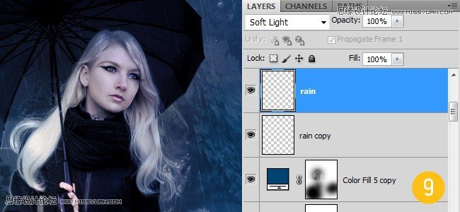 Photoshop合成在雨天公园里行走的美女教程