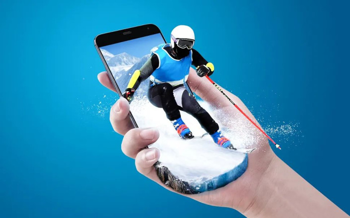 出屏效果，制作一张创意残奥会滑雪运动员冲出手机画面