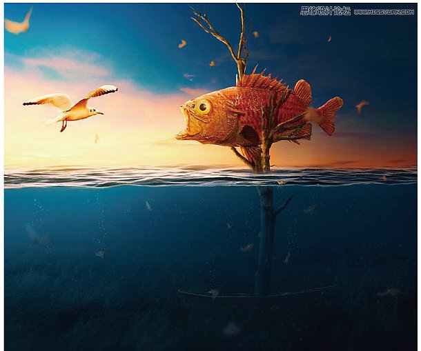 场景设计，PS软件合成海面上鱼吃鸟场