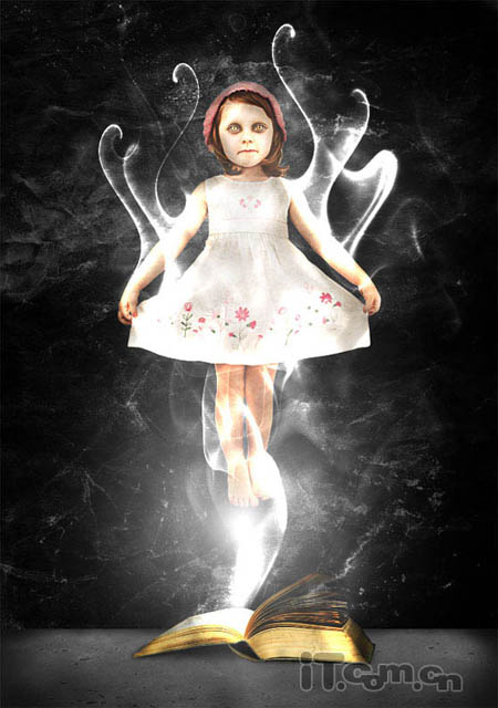 PS合成魔法書本中飛出的恐怖小女孩照片