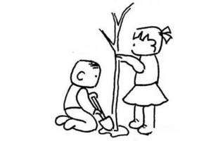小男孩小女孩在植树