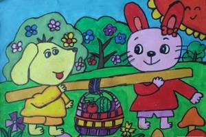 小狗和小兔子爱劳动主题绘画作品赏