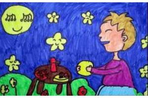 中秋节主题儿童画-吃月饼看月亮