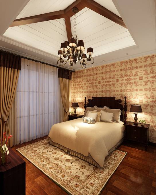 中式卧室吊顶窗帘设计案例