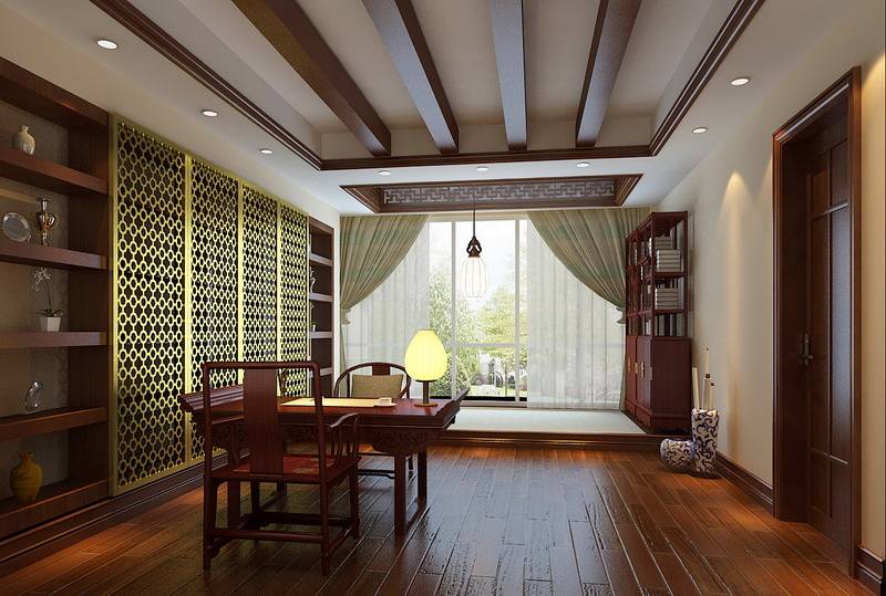 中式中式风格书房吊顶窗帘设计案例展示