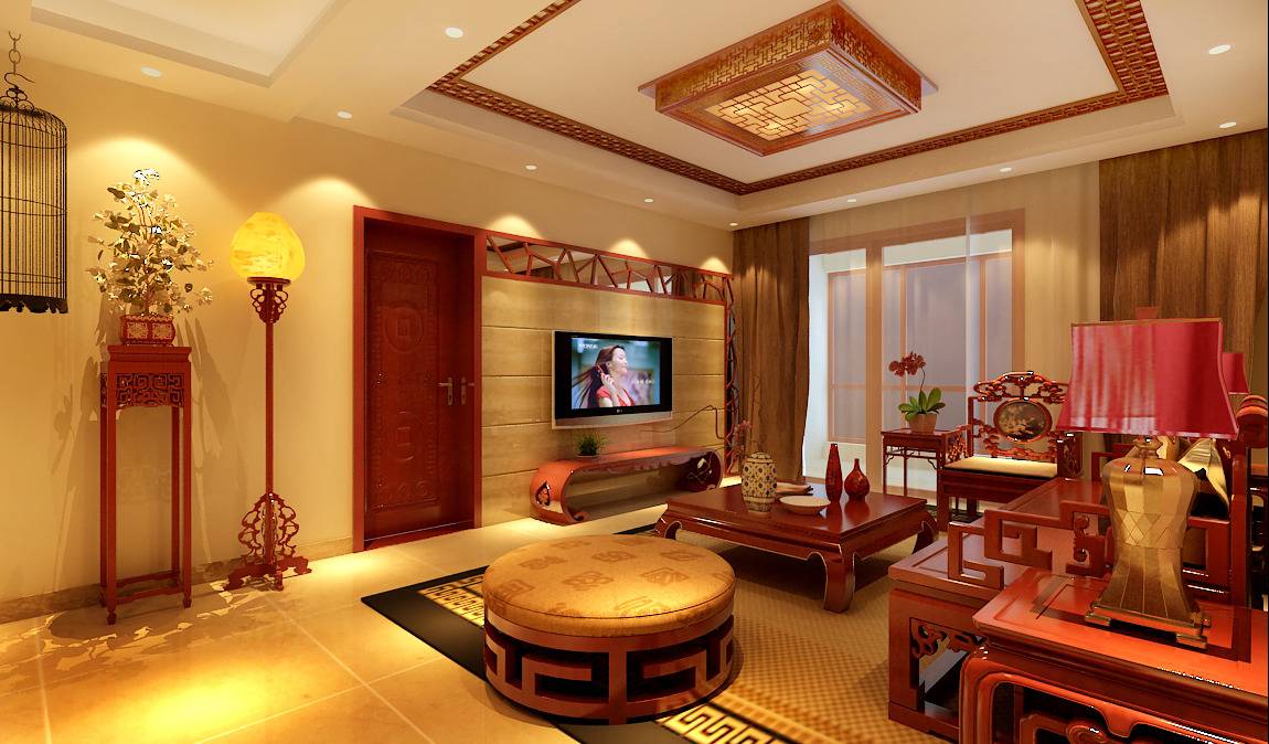 中式客厅吊顶窗帘电视背景墙设计案例