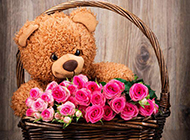 大花篮里的泰迪熊公仔和玫瑰花图片