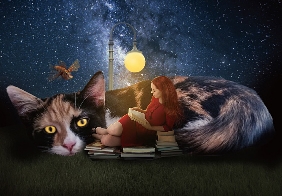 照片合成，PS合成星空下女孩和貓咪依偎閱讀的夢幻場景