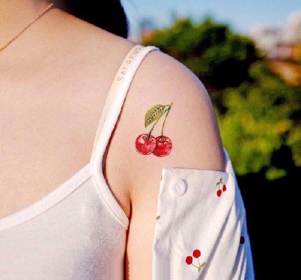 小巧可爱的彩绘樱桃纹身 适合女生的小型纹身图案(4)