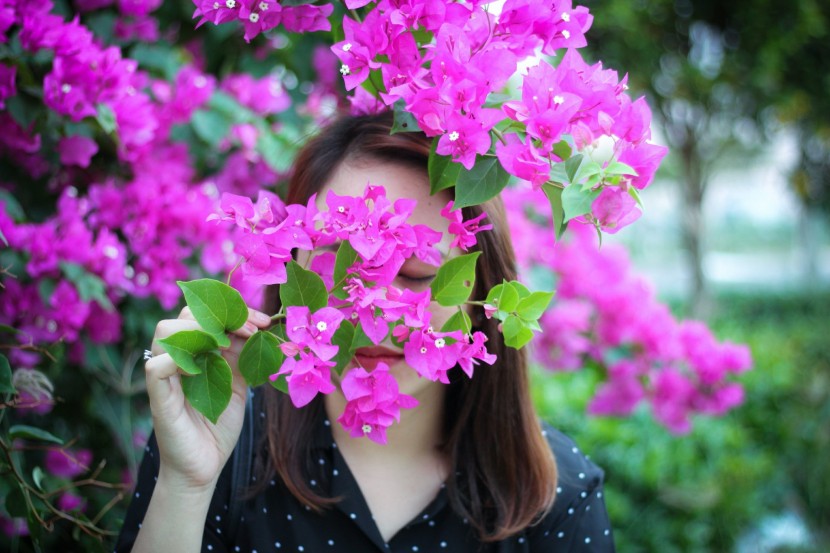 美麗的聞花女子圖片