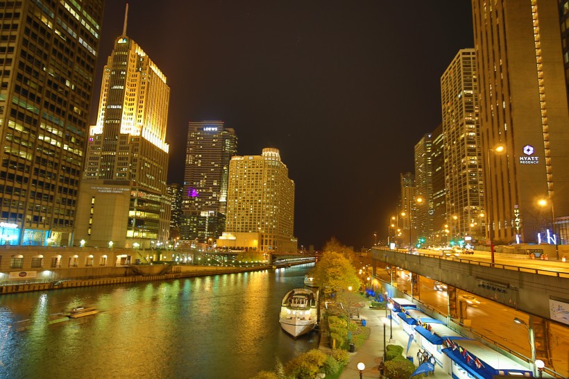 美國芝加哥河夜景圖片