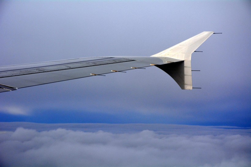 高空中的飛機機翼圖片