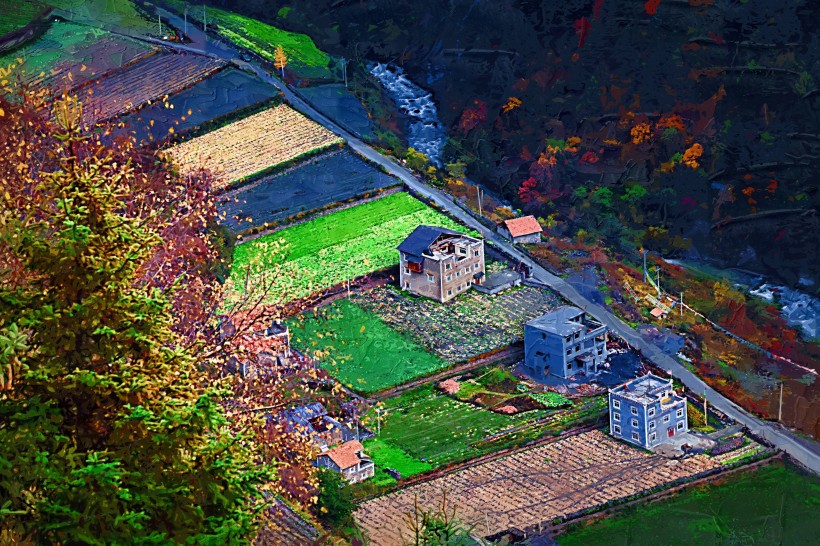 四川阿坝米亚罗风景油画效果图片