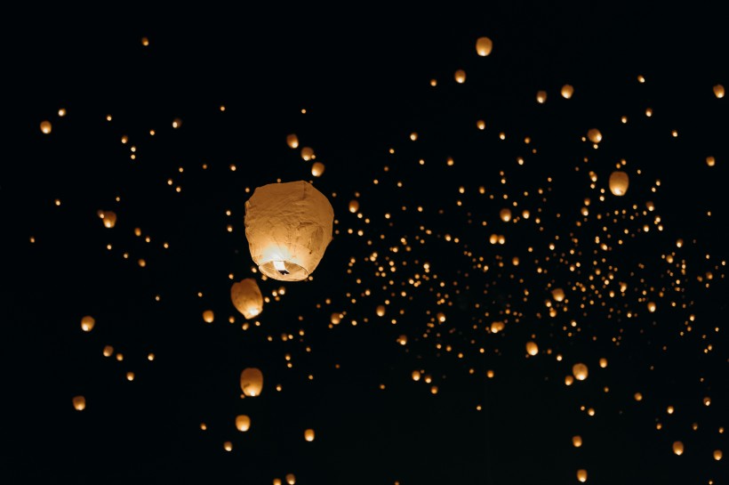 夜空中明亮的孔明燈圖片