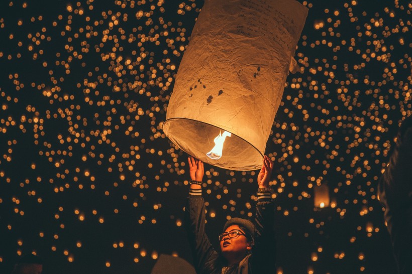 夜空中明亮的孔明灯图片