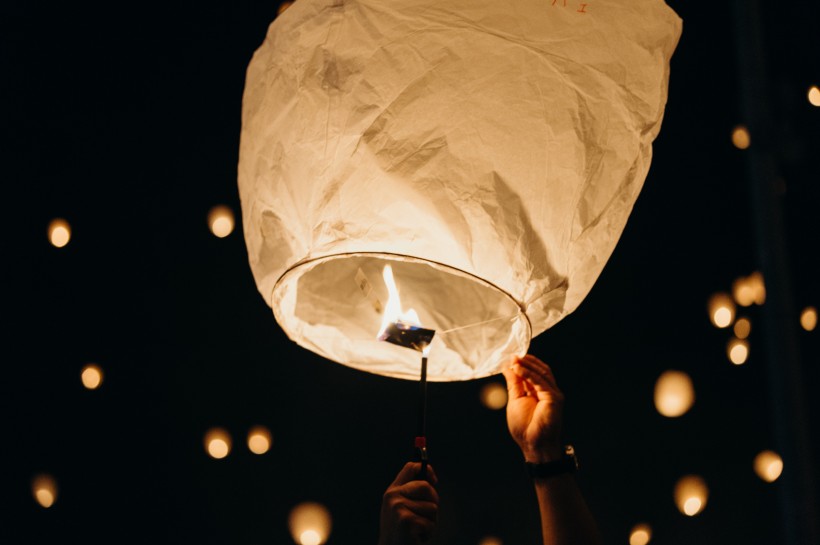 夜空中明亮的孔明燈圖片