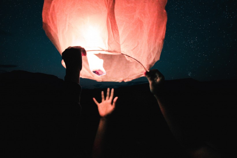 夜空中明亮的孔明灯图片