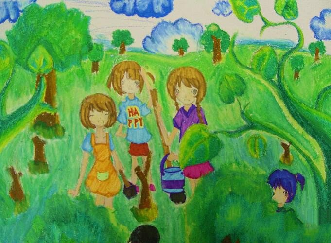 郊外种树忙劳动节小孩画的画作品分享