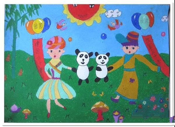 幼儿国庆节儿童画画作品：载歌载舞