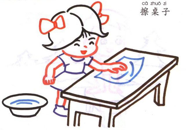 儿童学画人物 擦桌子的小女孩