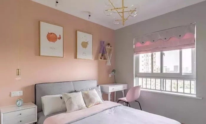 104m²混搭三居，橄榄绿与蜜桃粉的搭配很优雅