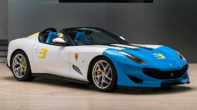 法拉利Ferrari SP3JC車身配色為藍(lán)色白色黃色