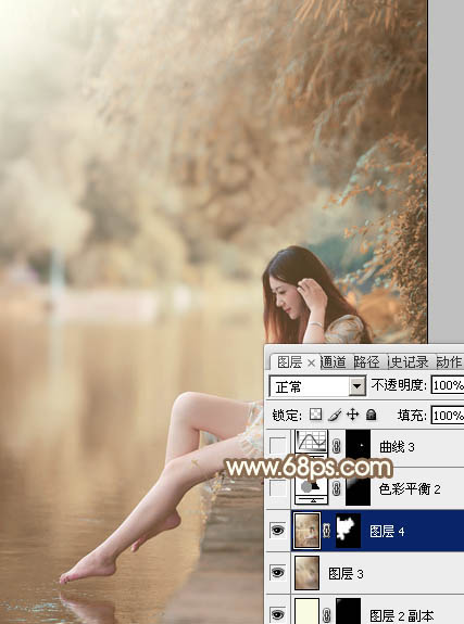 Photoshop打造柔和淡美的红褐色湖景美女图片