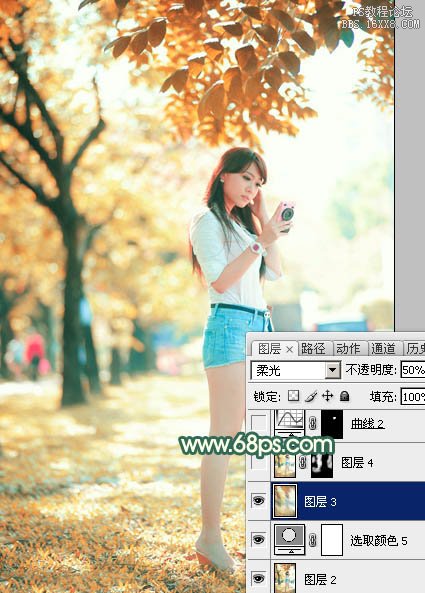 Photoshop調(diào)出樹邊美女甜美的秋季橙紅色