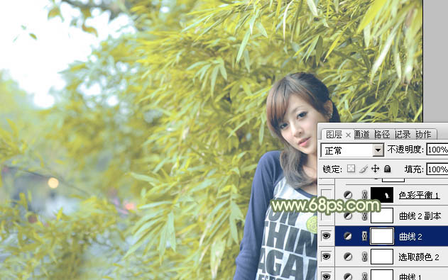 Photoshop给竹林边的美女加上甜美的淡调黄绿色