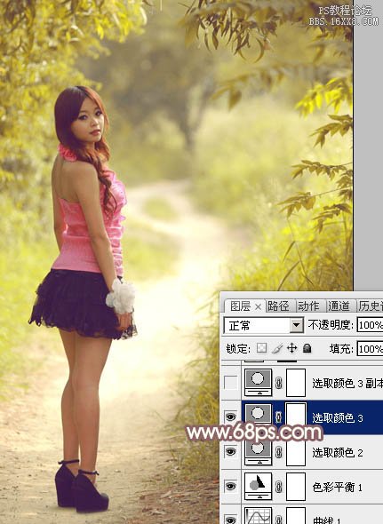 Photoshop给树林小路上的美女加上唯美的淡暖色