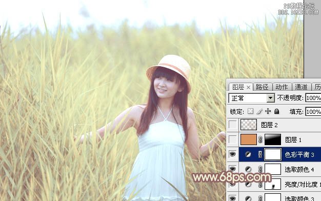 Photoshop给芦苇中的美女加上唯美的韩系淡黄色