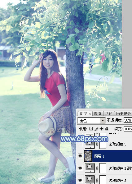 Photoshop給樹邊的女孩加上流行的淡調(diào)青藍(lán)色