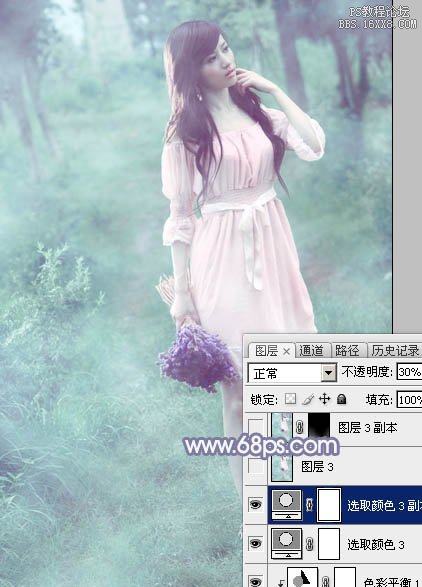 Photoshop給樹林中的美女加上夢幻的青藍(lán)色