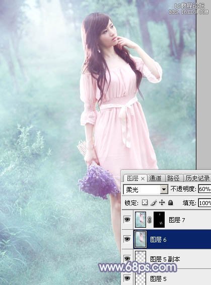 Photoshop給樹林中的美女加上夢幻的青藍(lán)色