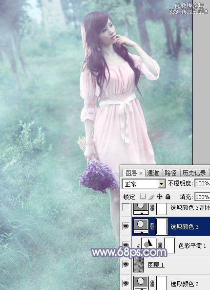 Photoshop給樹林中的美女加上夢幻的青藍色