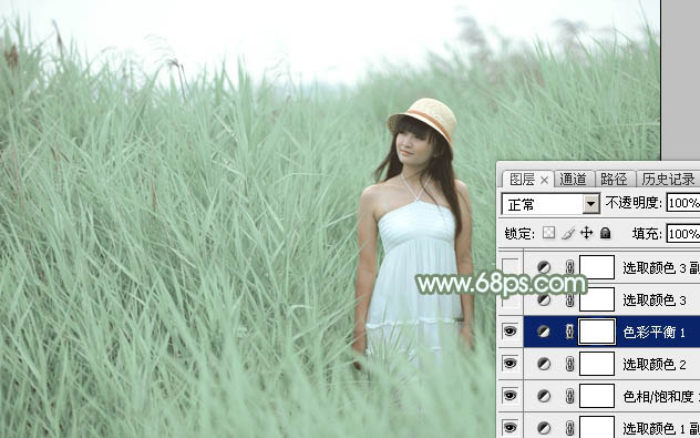 Photoshop给绿草中的美女加上甜美的淡调青绿色