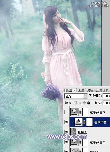 Photoshop給樹林中的美女加上夢幻的青藍色