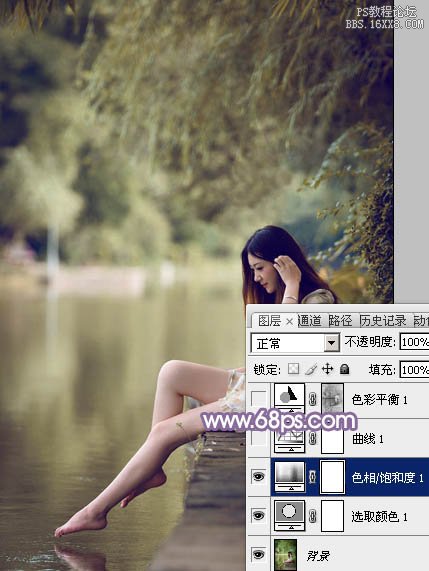 Photoshop給水塘邊的美女加上漂亮的淡調(diào)黃紫色