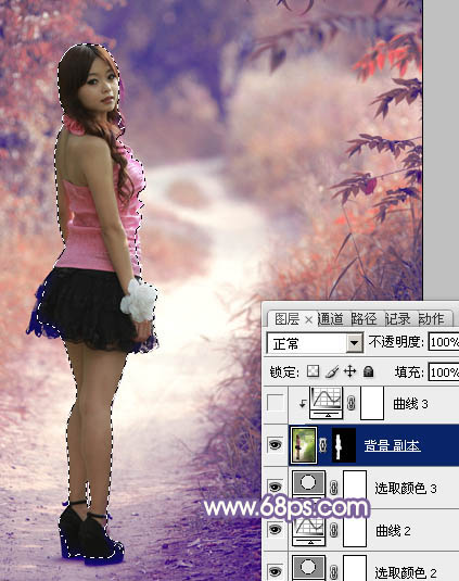 Photoshop给树林中的人物加上经典深秋红蓝色