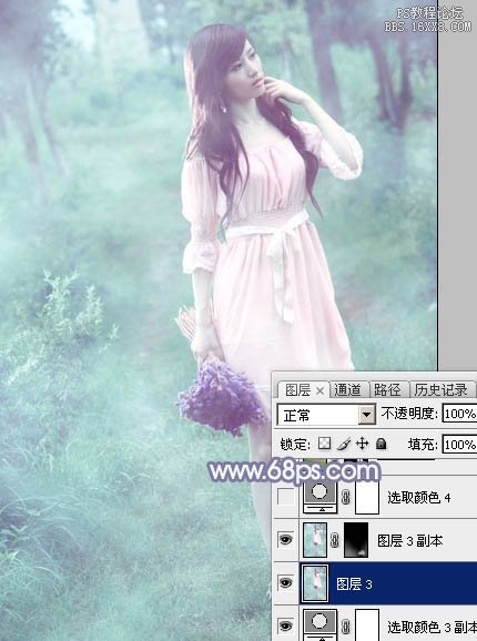 Photoshop給樹林中的美女加上夢幻的青藍(lán)色