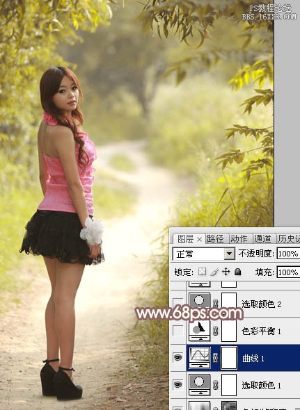 Photoshop給樹林小路上的美女加上唯美的淡暖色