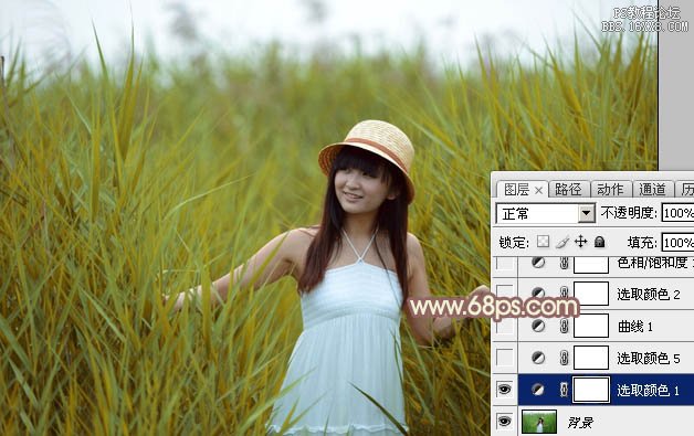 Photoshop給蘆葦中的美女加上唯美的韓系淡黃色