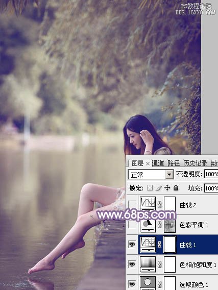 Photoshop給水塘邊的美女加上漂亮的淡調(diào)黃紫色