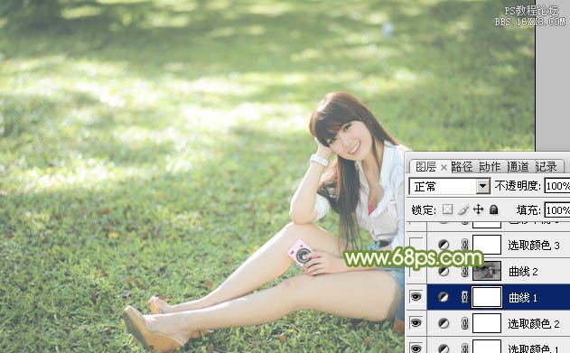 Photoshop给绿草上的美女加上甜美的韩系淡绿色