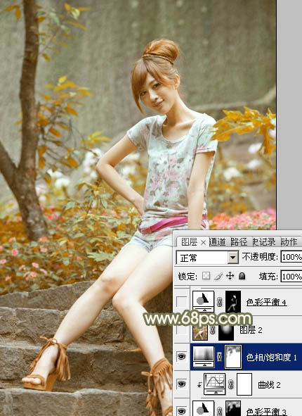 Photoshop給石階上的美女加上柔和的紅褐色