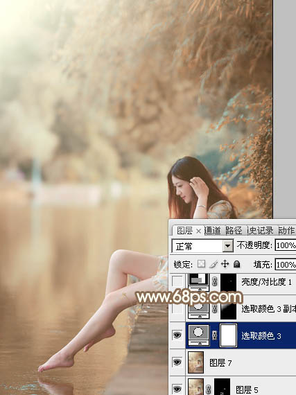 Photoshop打造柔和淡美的红褐色湖景美女图片