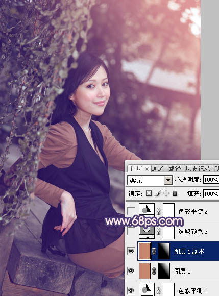 Photoshop给外景美女加上柔和的暗调蓝橙色